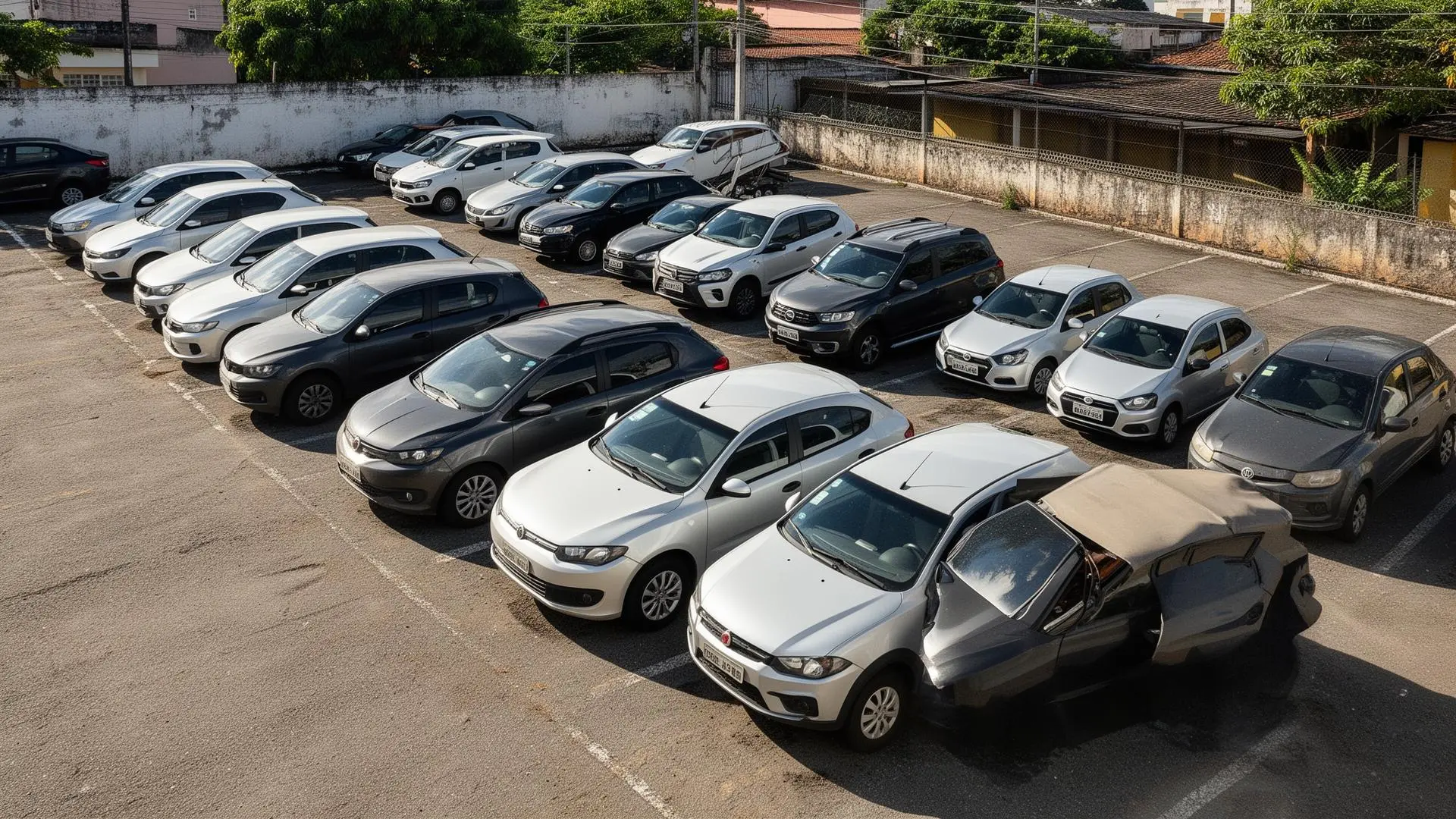 Pátio de carros recuperados de financiamento alinhados em estacionamento de banco no Brasil