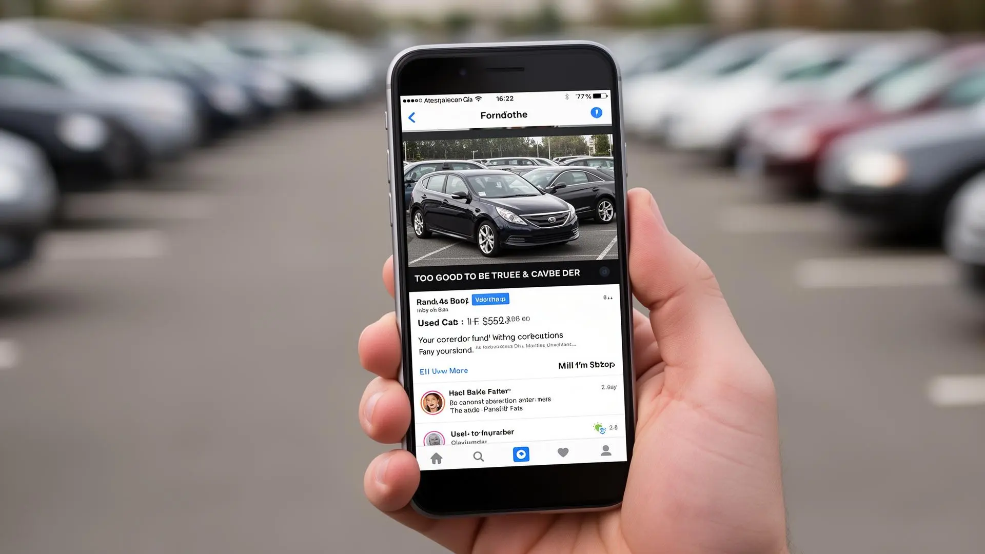 Smartphone exibindo anúncio de carro usado com preço muito abaixo do mercado