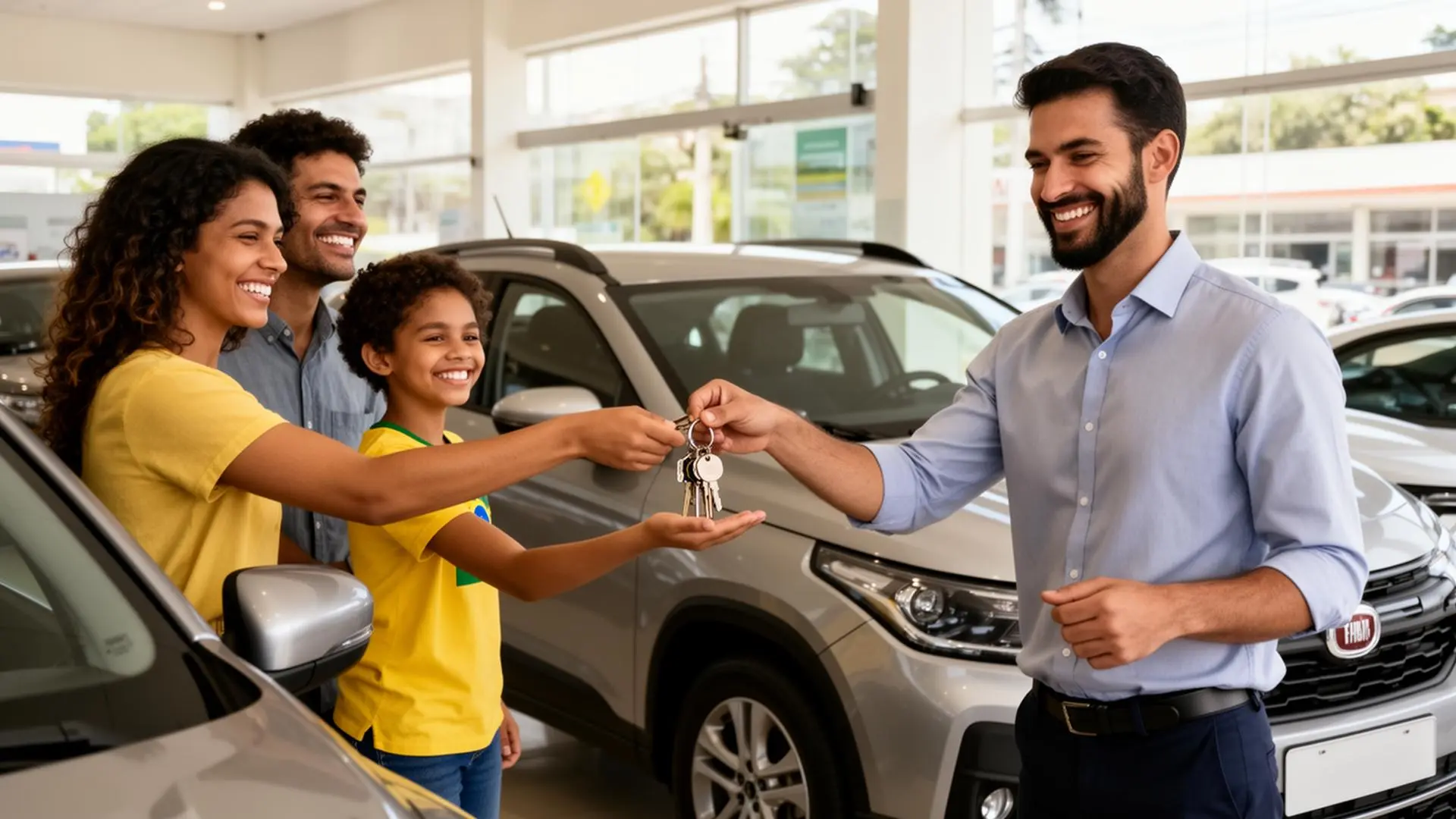 Família recebendo a chave de carro usado em concessionária brasileira
