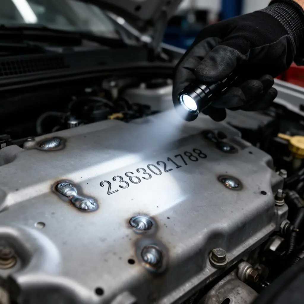 Inspetor utiliza lanterna profissional para verificar número de chassi e pontos de solda no compartimento do motor