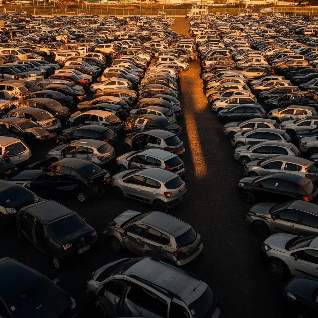 Vista aérea de pátio de leilão de veículos no Brasil com centenas de carros enfileirados