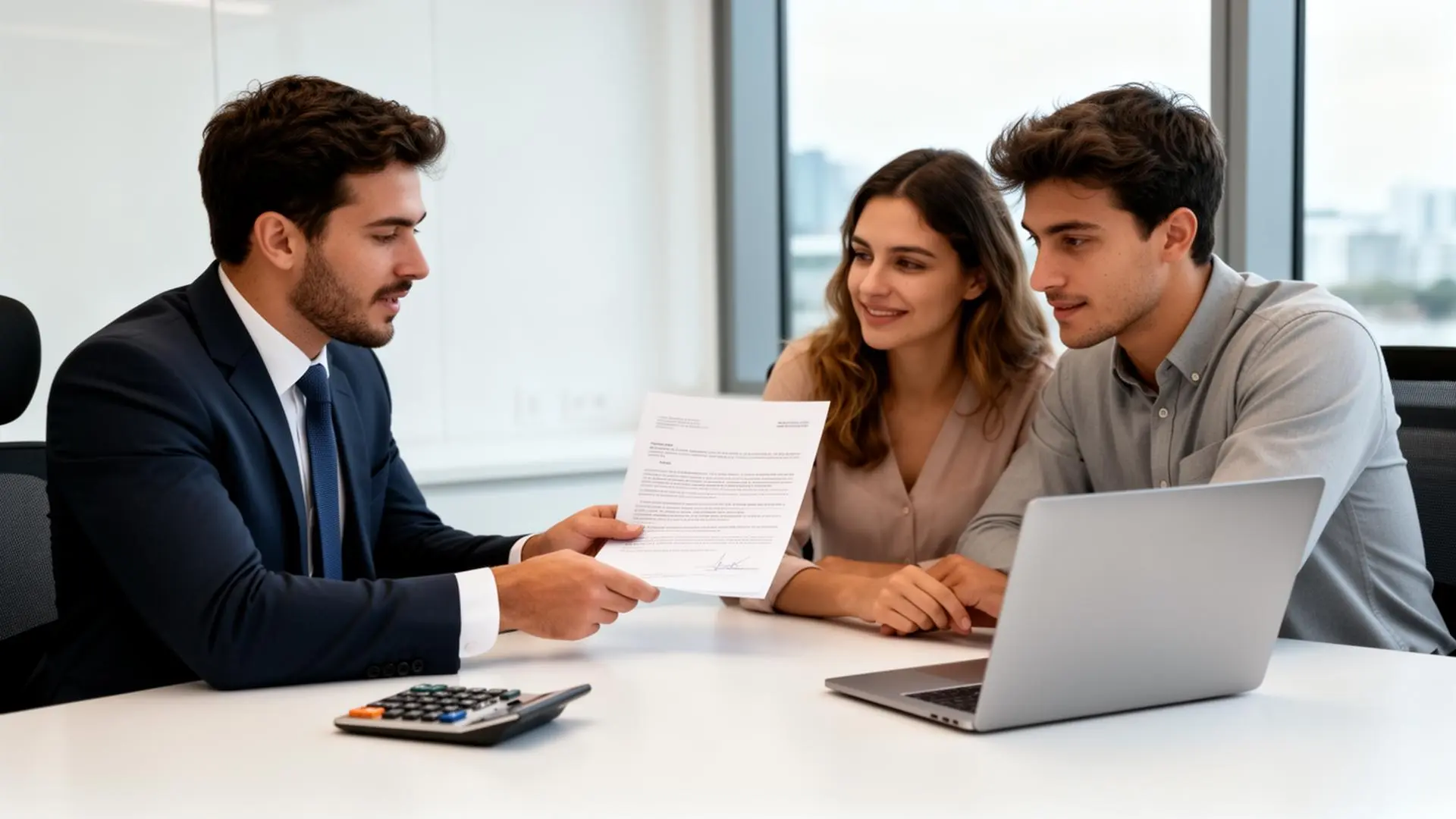 Consultor financeiro mostrando contrato de compra de carro recuperado a casal jovem em escritório bancário
