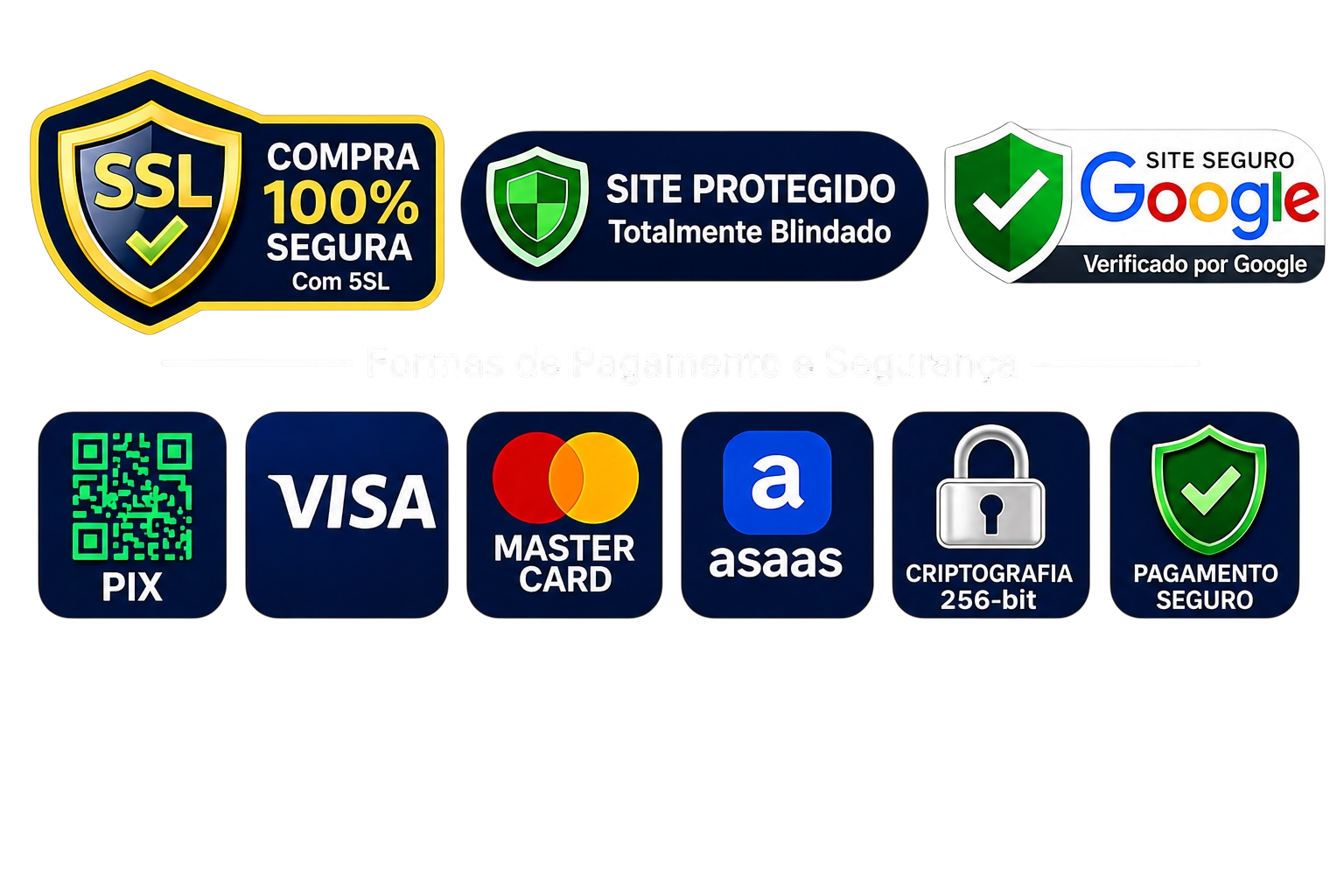 Formas de Pagamento e Segurança - SSL, Site Protegido, Google Site Seguro, PIX, Visa, Mastercard, Asaas, Criptografia 256-bit