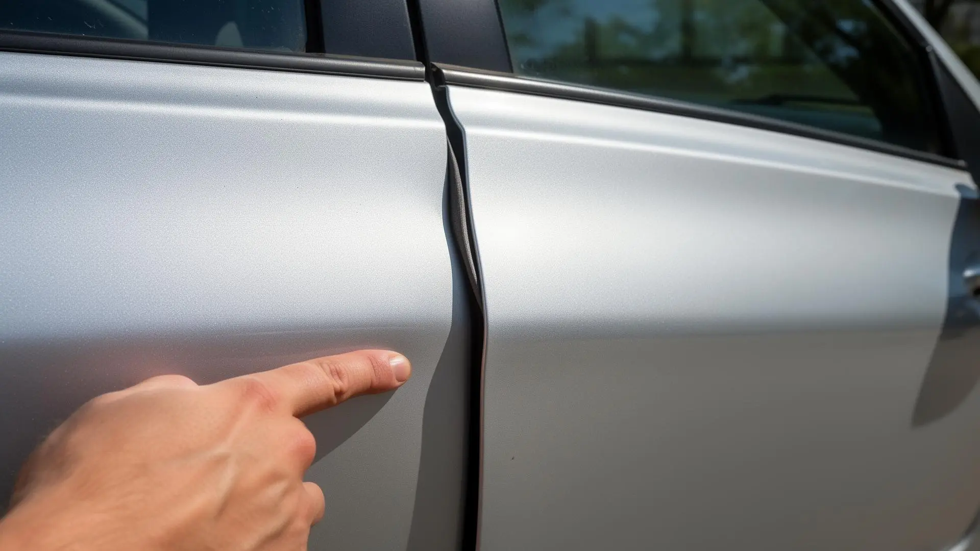 Detalhe de folga irregular entre porta e painel lateral de sedan prata