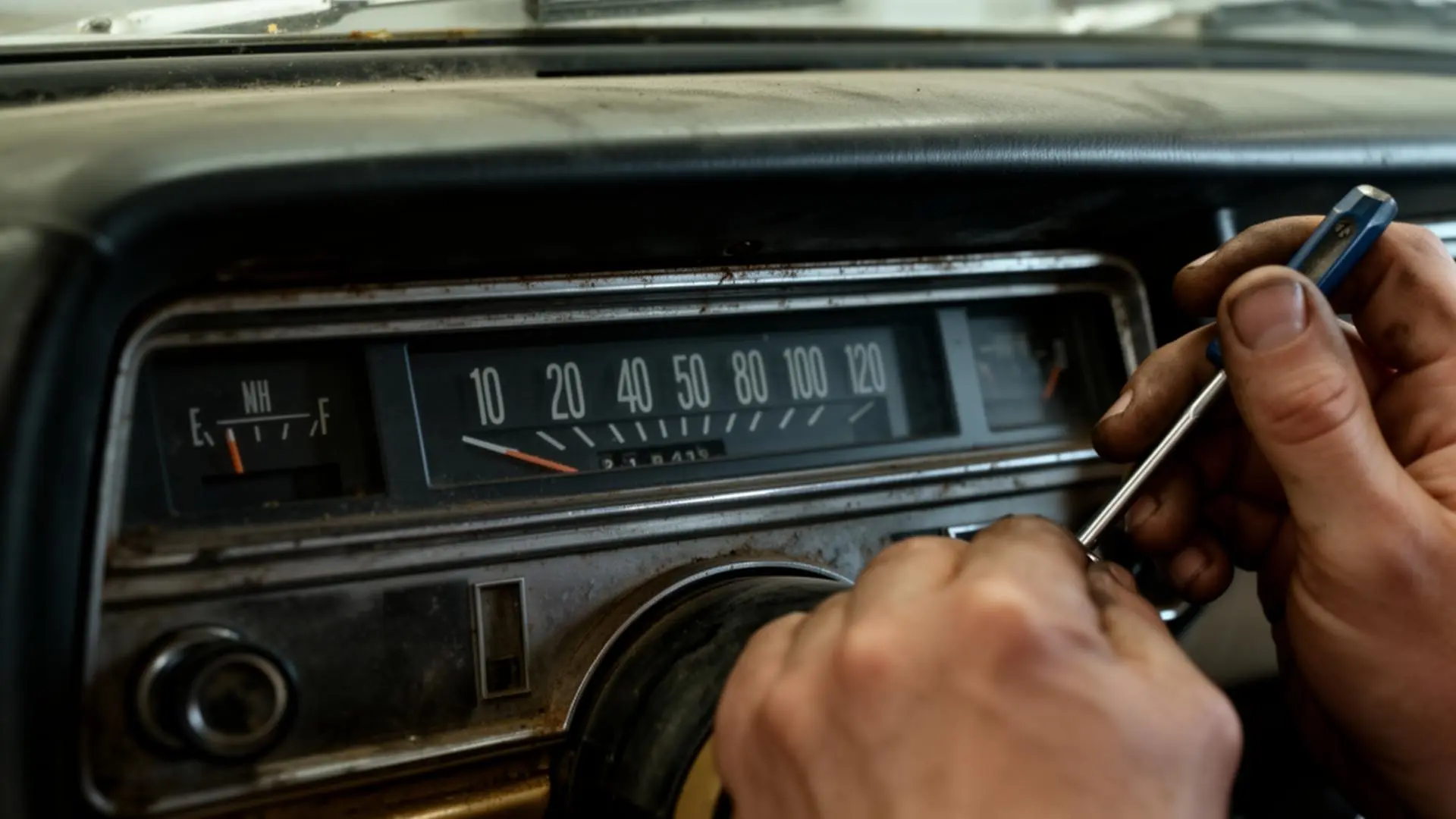 Painel de odômetro de carro usado sendo manipulado por chave de fenda