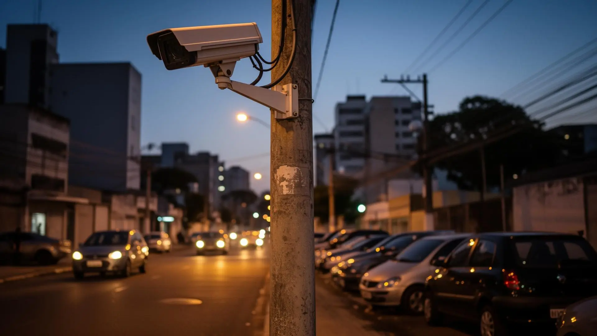 Câmera de segurança urbana monitorando carros estacionados em avenida brasileira