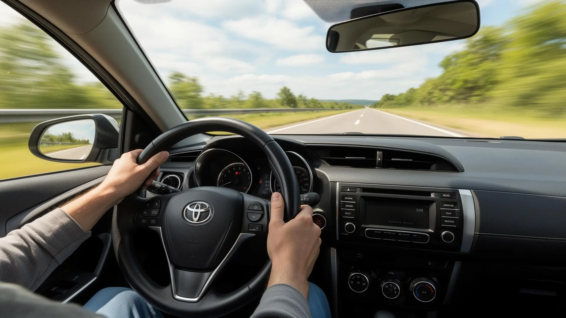 Comprador realizando test drive em carro usado com vendedor no banco do passageiro em estrada