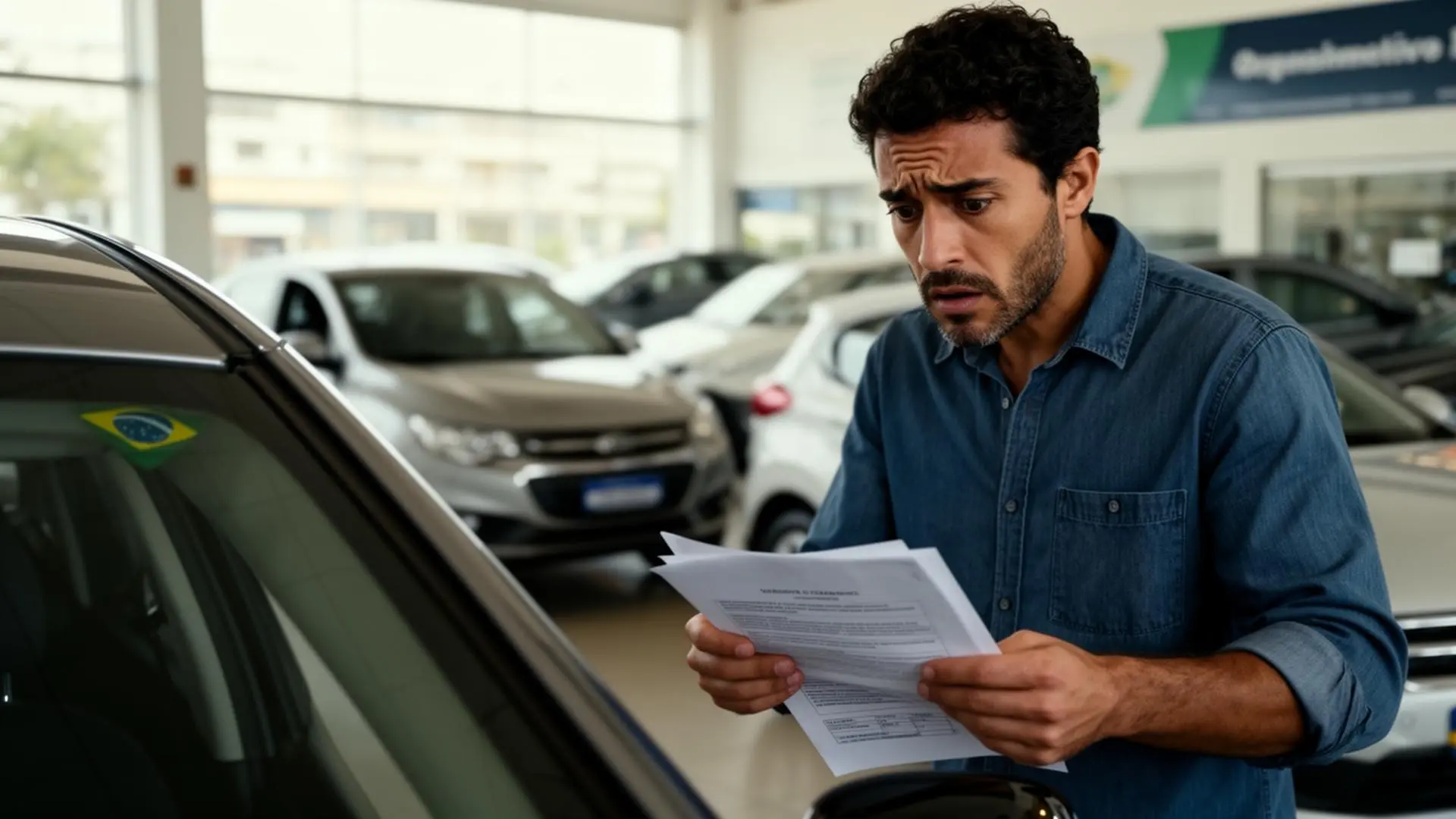 Comprador preocupado analisando documentação de carro usado em loja de seminovos no Brasil