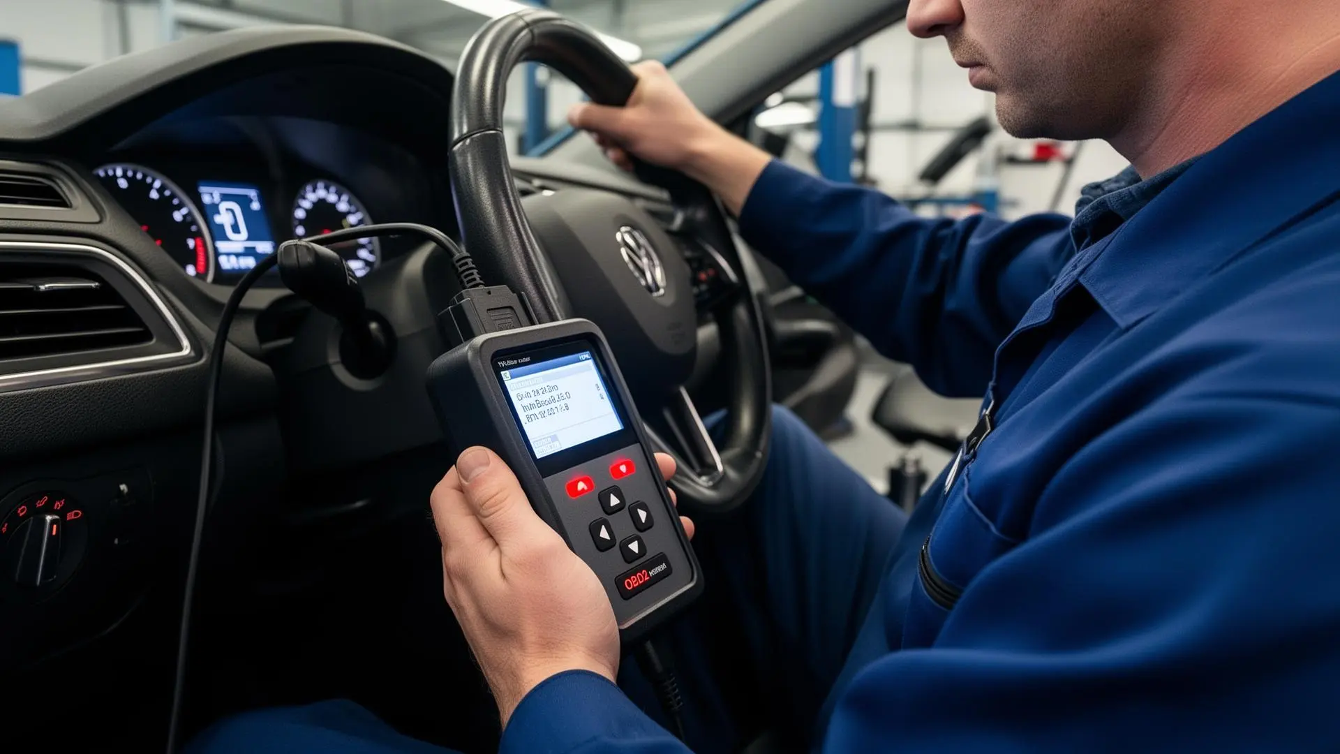 Técnico utilizando scanner OBD2 conectado ao painel do veículo